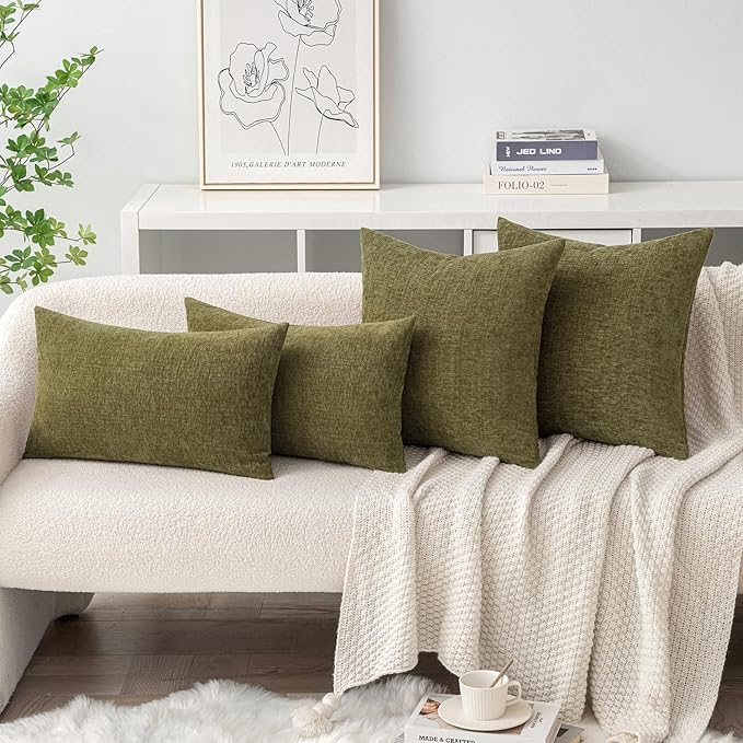 MIULEE Pack of 2 Couch Throw Pillow Covers 16x16 Inch Soft Olive Green Chenille Pillow Covers for Sofa Living Room Solid Dyed Pillow Cases