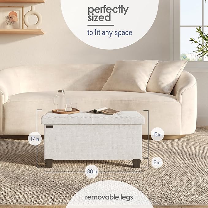 STORAGEBUD Storage Ottoman Bench with Bins, 30-in Storage Bench for Bedroom End of Bed, Folding Foot Rest Ottoman for Living Room Max 660lbs, Fabric Ottomans, Beige