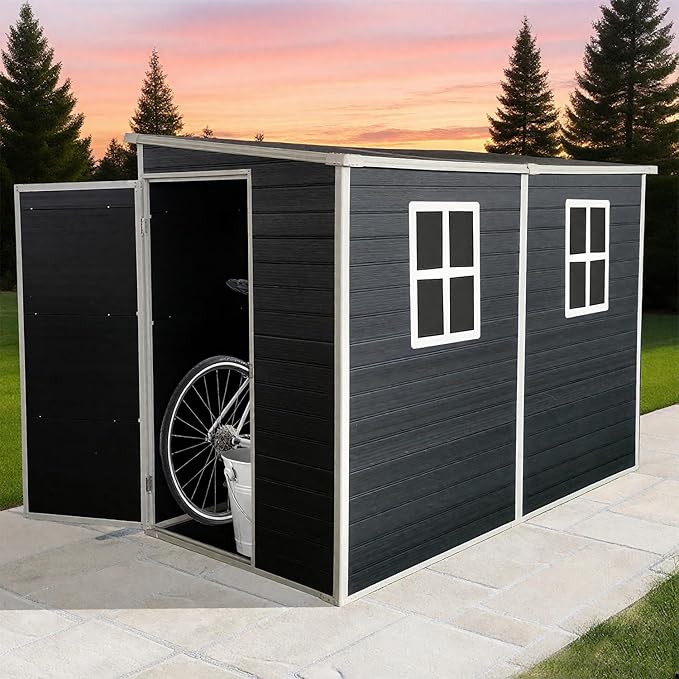 4x8 FT Outdoor Storage Resin Shed with Floor, Waterproof Plastic Garden Tool Shed with Windows, Vents & Lockable Door and Sloped Roof, Easy to Assemble Bike Shed for Patio, Backyard, Lawn, Black