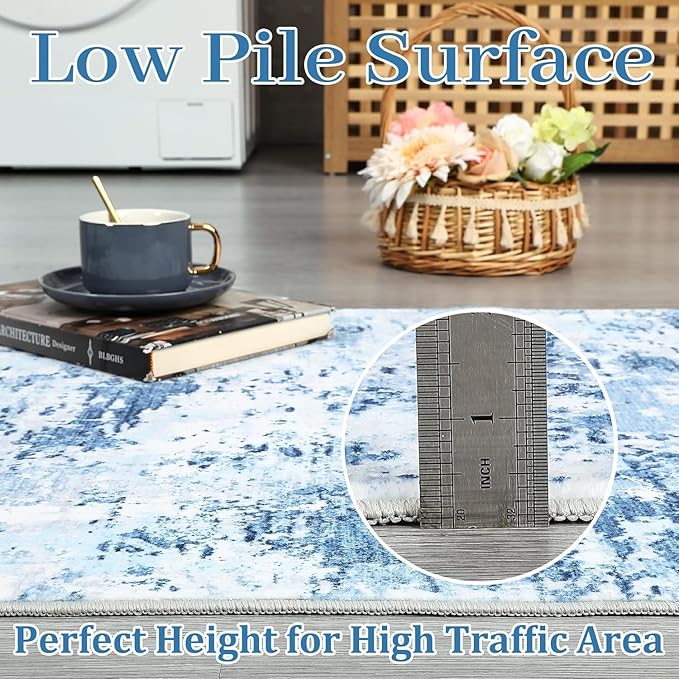 Modern Abstract 2x8 Area Rug Non Slip Non Shedding Low Pile Stain Resistant Rug for Hallway Kitchen Bedroom Non Shedding,Light Blue