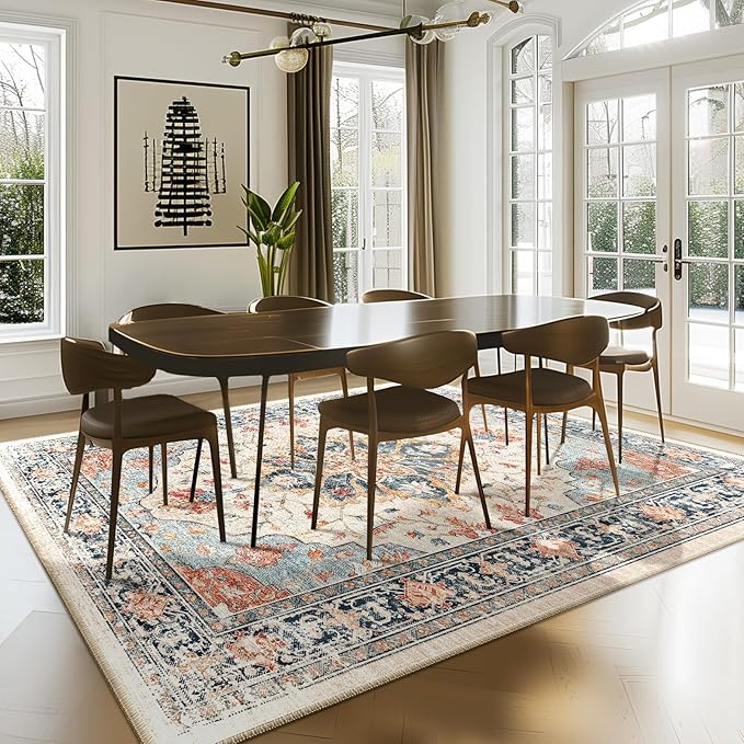 Area Rugs Square 8ft Washable Non-Slip, Floral Vintage Distress Print Pattern Medallion Carpet for Living Room Bedroom Dining Room, Beige Navy Blue Orange Colorful