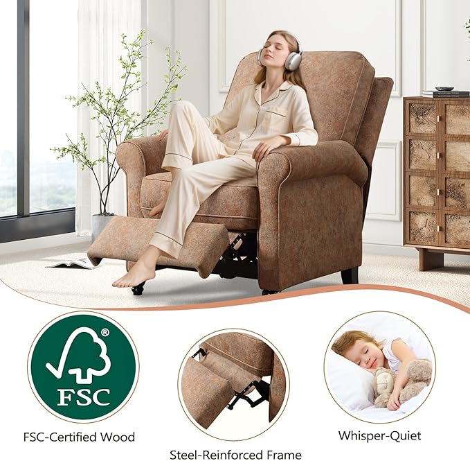 ANJ Push Back Recliner Chair, Textured Fabric Overstuffed Wingback Recliner, Adjustable Pushback Chair with Padded Seat and Back, Single Reclining Sofa for Living Room, Bedroom(Retro Brown)