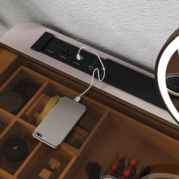 Lartis Makeup Vanity,Dresser Stool Set,Dresser,Computer Desk,partitioned Storage,Smart Socket,LED Makeup Mirror (Beige White, 47 in)