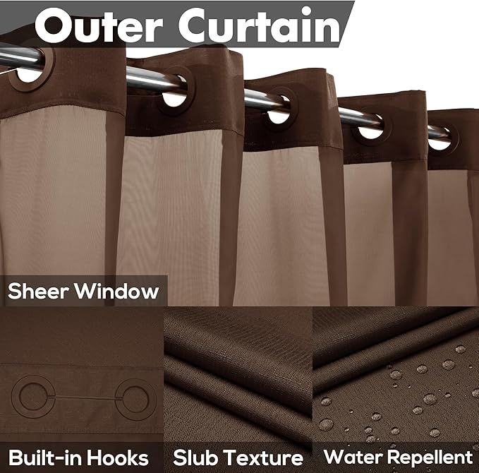 No Hook Slub Textured Shower Curtain with Snap-in PEVA Liner Set - 71" x 74"(72"), Hotel Style with See Through Top Window, Machine Washable & Water Repellent, Chocolate Brown, 71x74