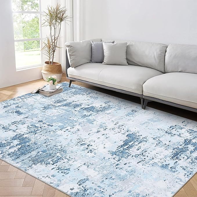 Area Rug 10x13 for Living Room Modern Abstract Accent Faux Wool Low Pile Ultra Soft Rug Stain Resistant Non Slip Non Shedding Throw Rug for Bedroom Home Decor, Blue