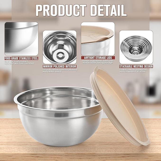 28PCS Mixing Bowls with Airtight Lids Set, Stainless Steel Nesting Prep Bowls with 7 Measuring Cups & 14 Measuring Spoons for Cooking, Baking, Serving, Food Storage, Size 5.5/3.5/2.5/2/1.4/1/0.62QT