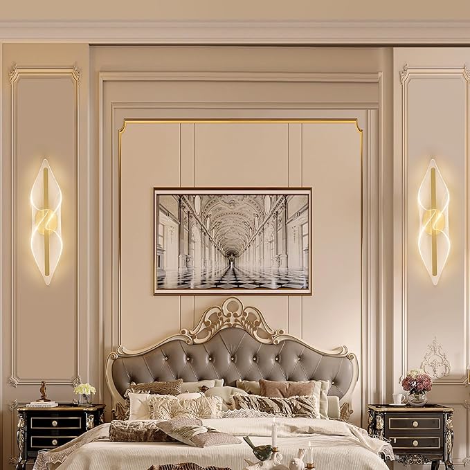 Modern Gold Wall Sconce 22.4Inch, LED Hardwired Wall Lamps with Remote Control Dimmable Acrylic Wall Lighting for Living Room Bedroom Hallway Stairs