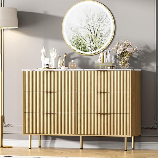 GarveeHome Fluted 6 Drawers Dresser for Bedroom, Modern Chest of Drawers, Tall Brown Dresser with Faux Marble Top and Gold Handle, Wood Drawer Organizer for Bedroom, Living Room, Hallway, Entryway