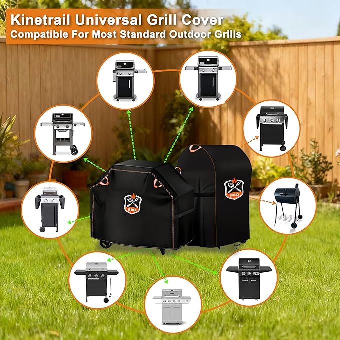 Kinetrail Grill Cover, Universal 65" BBQ Grill Cover for Outdoor Grill, Waterproof, Weather Resistant, Fade Resistant Gas Grill Cover with Adjustable Double Straps for Weber, Char-broil, Nexgrill, etc