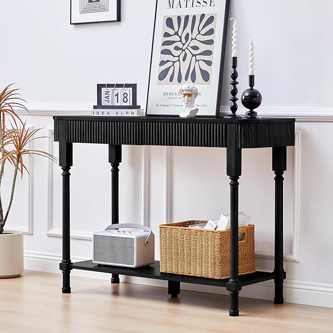 43.3”Console Table with 2 Drawers, Modern Retro Entryway Table with Fluted Panel & Storage Shelf, Narrow Wood Behind Couch Sofa Table for Living Room, Foyer, Hallway(Black)