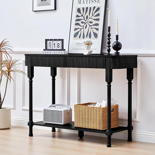 43.3”Console Table with 2 Drawers, Modern Retro Entryway Table with Fluted Panel & Storage Shelf, Narrow Wood Behind Couch Sofa Table for Living Room, Foyer, Hallway(Black)
