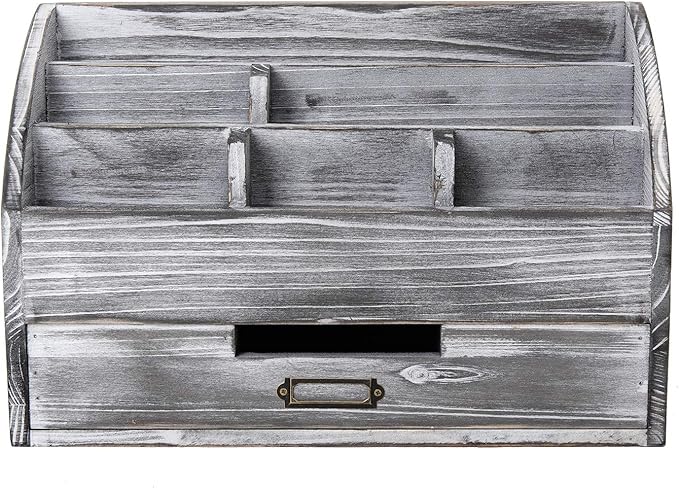 Distressed Rustic Wooden Office Desk Organizer 5 Compartment with 2 Drawer &Counter Desk Tabletop Desktop Mail Rack , Pens, Notebooks, Folders, Pencils and Office Supplies (grey)