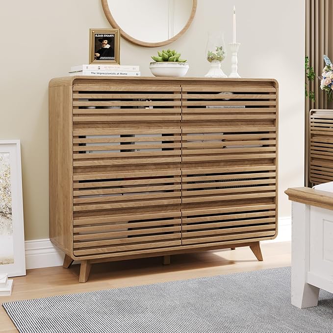 Fluted Dresser for Bedroom, Wide 8 Drawers Dresser, Chests of Drawers with Grille & Curved Design, Dressers Slides Pre-Installed, Large Wood Drawer Organizer for Bedroom Hallway, Natural Oak