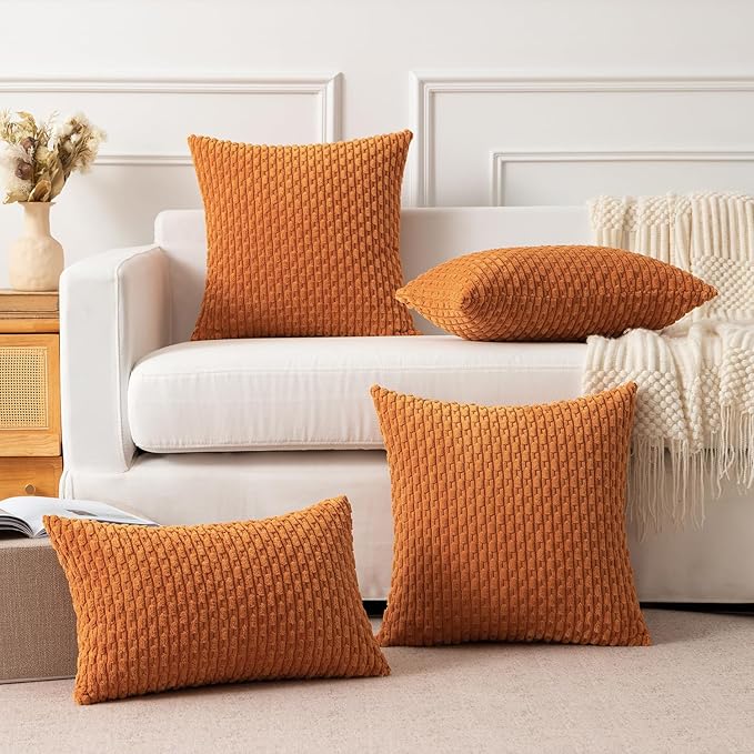 Kevin Textile Fall Throw Pillow Covers Soft Corduroy Decorative Set of 2 Boho Striped Pillow Covers Pillowcases Farmhouse Home Decor for Couch Bed Sofa Living Room 20x20 Inch Orange Yellow