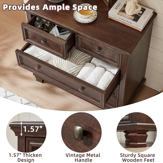 Farmhouse Walnut Bedroom Sets of 4, Includes 6 Drawer Large Dresser, Vintage Night Stand with 3 Drawers, Small 5 Chest of Drawers, Wood Rustic Dresser & Nightstand Set for Home, Living Room