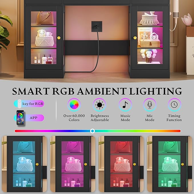 Vanity Desk with Mirror and Lights, Makeup Vanity Set with 3 Storage Drawers & Adjustable Shelves, Dressing Table with RGB Cabinets & Charging Station, 3 Lighting Modes for Women Kids Bedroom, Black