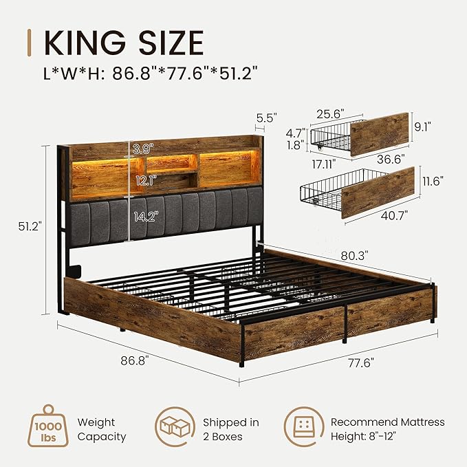 King Bed Frame with 6 Storage Drawers, Linen Upholstered Headboard, Built-in USB Charging Station & LED Lighting, Silent Metal Support, No Box Spring Needed, Vintage Brown
