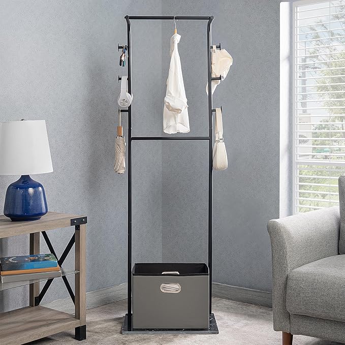 Heavy Duty Coat Rack with Storage Basket Metal Hanging Clothes Rack with Marble Base Modern Standing Clothing Rack for Entryway Bedroom Living Room Hotel 19.69 x 13.39 x 67.72 Inches (Black)