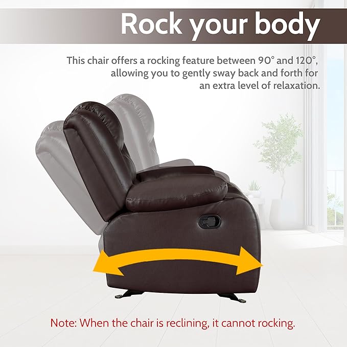 PrimeZone Oversized Rocker Recliner Chair - Comfy Wide Lazy Boy Recliner Chair with Overstuffed Armrest, Faux Leather Manual Reclining Chairs for Living Room, Bedroom, Home Theater Seating, Brown