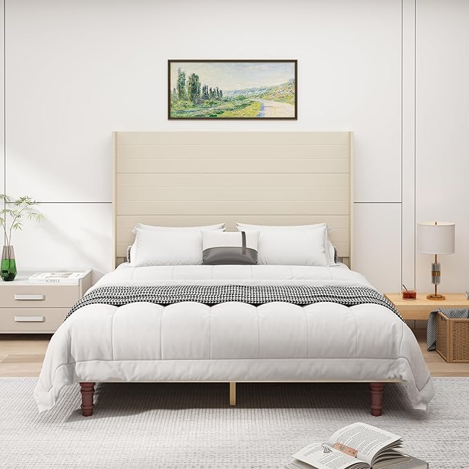 GDFStudio Tall Headboard Queen Size Bed,Platform Bed Frame with High Back,Wooden Slat Mattress Support No Box Spring Needed Easy Assembly Minimalist Designs 54" H Beige