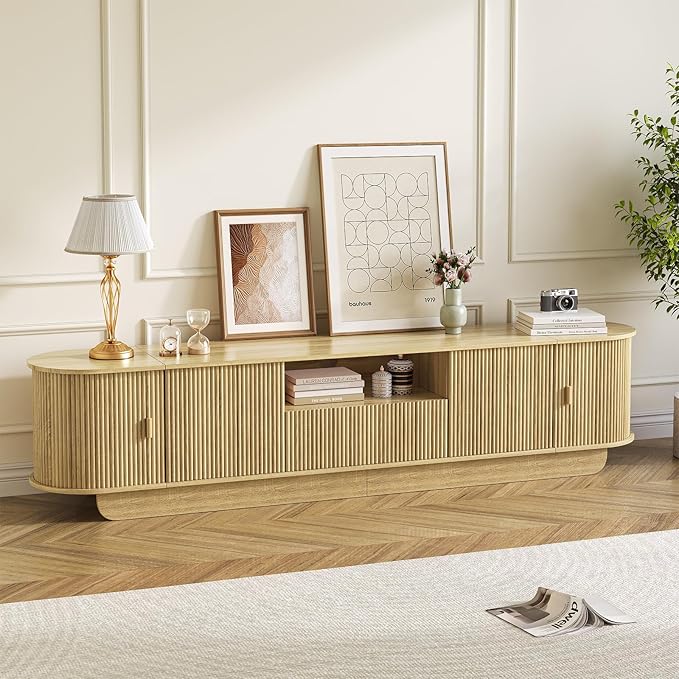 Fluted TV Stand and Coffee Table Set of 2,86.61'' TV Console for 55-85 Inch,Modern Entertainment Center with Large Storage Cabinet,Lift Top Coffee Table for Living Room, Bedroom, Natural