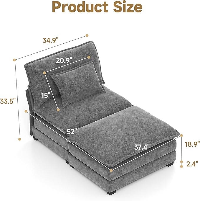 Real Relax 34.9'' Modular Sectional Sofa, Single Seat Without Armrest Chenille Convertible Couch with Movable Ottoman, 2 Pillows for Living Room, Office and Leisure Places, Dark Gray