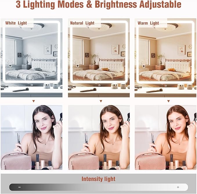 Vanity Desk with Mirror and Lights, 3-Color Lights Adjustable Brightness, White Vanity Makeup Desk with Drawer & Charging Station, Large Dressing Table Make Up for Bedroom