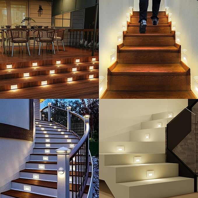 4 Pack Motion Sensor Stair Lights Indoor Outdoor, 120V Hardwired Motion Activated Step Lights, 4W 300LM Dimmable Staircase Light, 5CCT Stairway Light, 2700K/3000K/4000K/5000K/6500K, ETL, White