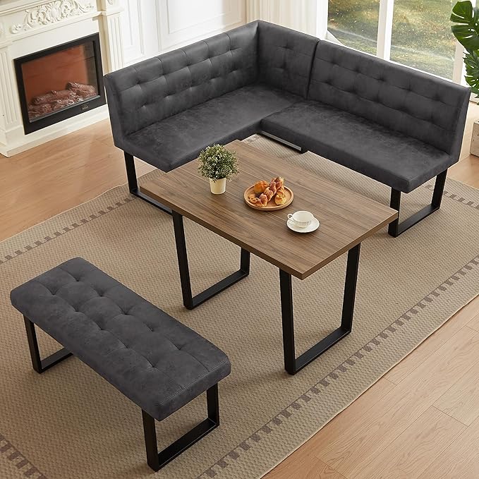 3-Piece Corner Dining Table Set with Bench, 70 Inch Space-Saving Breakfast Nook for Kitchen & Dining Room(Walnut Table & R-Seat Grey Bench)