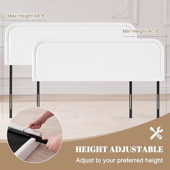 Velvet Fabric Headboard Queen, Upholstered Headboard Queen Size Only, Dorm Bed Headboards from 41” to 49” Height, Sturdy and Durable Solid Wood Bed Head Board, White