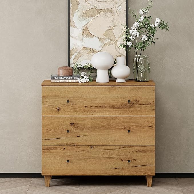 WAMPAT TV Stand Dresser for 32+ Inches TVs, Wood Media Console Table with 3 Drawers, Modern Highboy Entertainment Center with Storage for Living Room Bedroom, Oak Brown