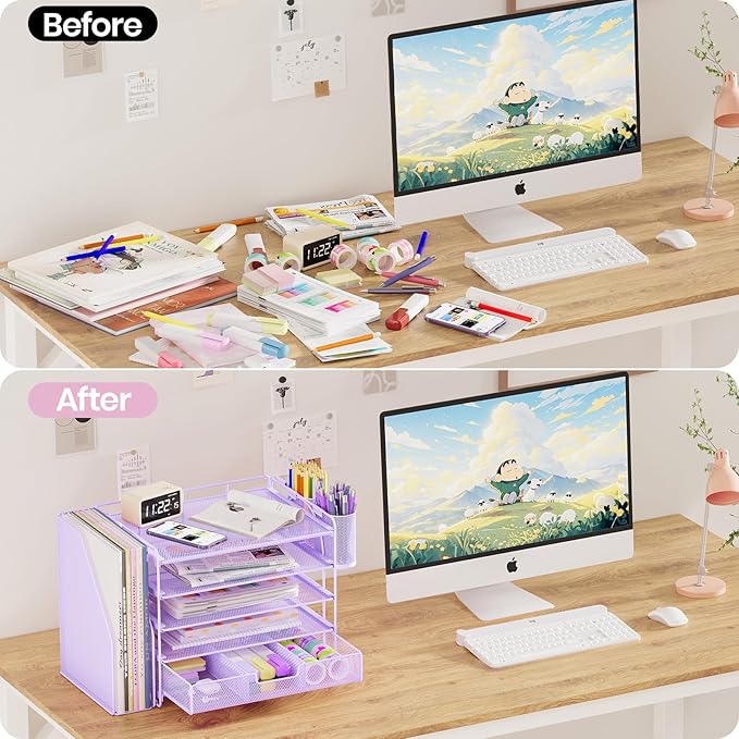 Desk Organizers and Accessories with File Holder, 5-Tier Office Desk Accessories & Workspace Desktop Organizer with Drawer and 2 Pen Holder, File Paper Organizer for Office Supplies(Purple)