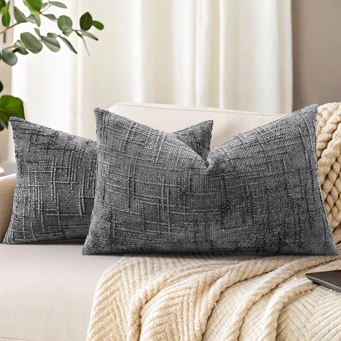 decorUhome Dark Grey Chenille Throw Pillow Covers 12x20 Set of 2 Thick Textured Slubby Couch Pillow Covers Farmhouse Accent Modern Neutral Decorative Pillow Cases for Bed Sofa Living Room