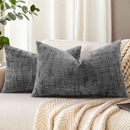 decorUhome Dark Grey Chenille Throw Pillow Covers 12x20 Set of 2 Thick Textured Slubby Couch Pillow Covers Farmhouse Accent Modern Neutral Decorative Pillow Cases for Bed Sofa Living Room