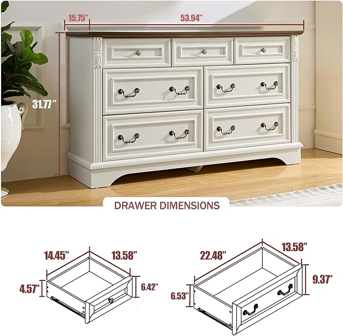 BLANKSPACE Antique White Dresser for Bedroom, Farmhouse 7 Chest of Drawers Cabinet Organizer with Carved Design