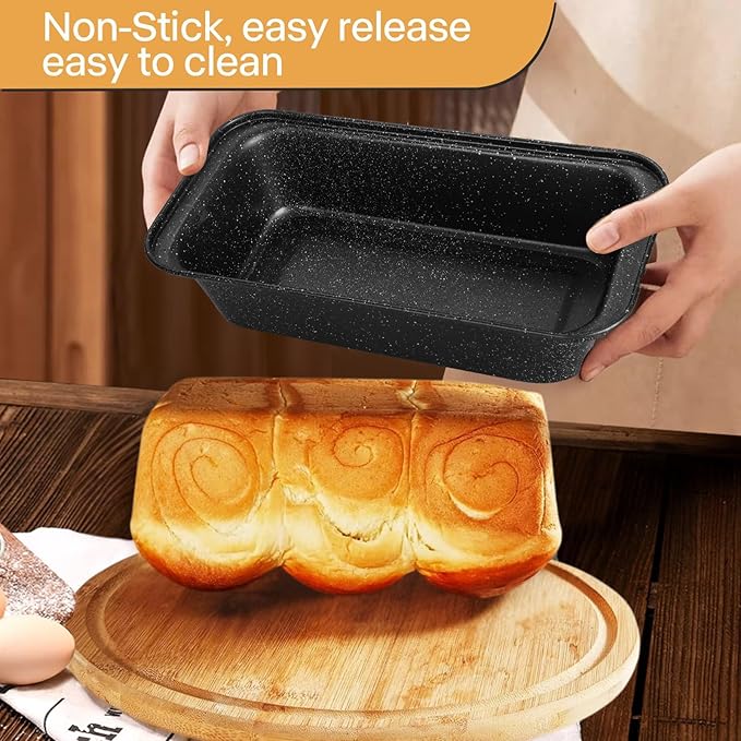 Bakeware Sets 6 Pcs, Non Stick Baking Pans Set, Black Speckled Kitchen Baking Set, Stackable Storage, Easy Clean & Even Heating, with Cooling Rack, Cake, Muffin, and Loaf Pan