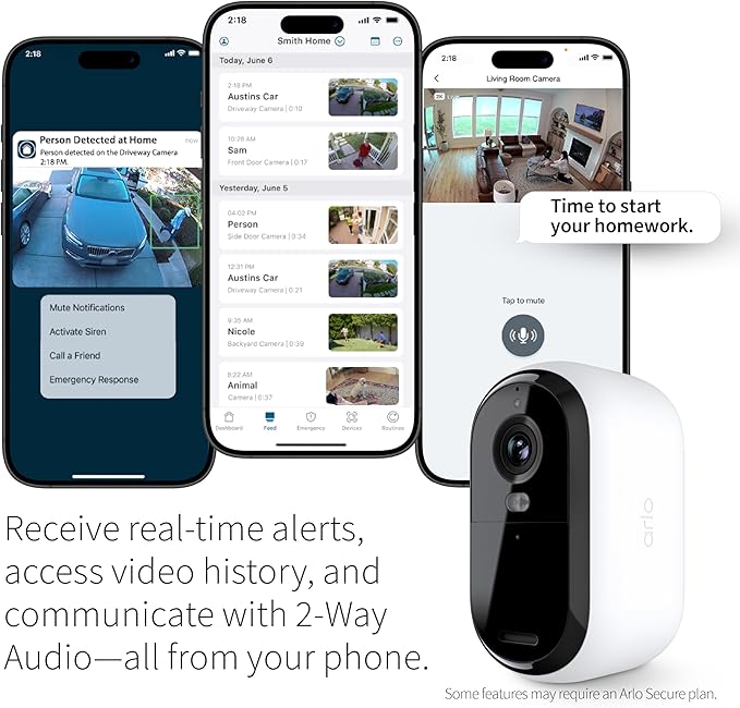 Arlo Essential Security Camera 2K | Outdoor - Indoor | 2nd Gen | Wireless with Spotlight, 2-Way Audio, Color Night Vision, Live Stream, Motion Activation, Real Time Notifications - White, 3 Cameras