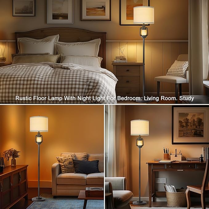 Floor Lamp for Living Room Vintage Standing Lamp with Linen Fabric Hardback Shade Industrial Tall Lamp With Night Light Decor for Living Room, Bedroom,Study, Home Office (Bulb Included)