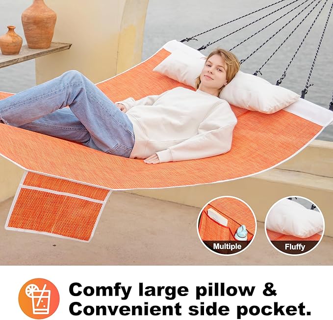 14ft Two Person Outdoor Hammock, Portable Camping with Folding Steel Spreader Bar, Carrying Bag, Carabiners, Tree Straps, Pillow & Sidebag, Quick Dry Textilene Fabric, 550 lbs Capacity (Sunset)