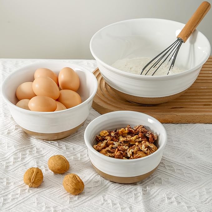 HASENSE Serving Bowls,Ceramic Mixing Bowls, Large Salad Pasta Bowls Set, 2.1/1.0/0.5 Qt for Entertaining, White Nesting Batter Bowls for Prepping Baking, Dishwasher Microwave Safe, Set of 3