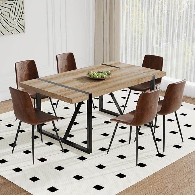 Dining Table Chairs Set for 6, Modern Rectangular Dining Room Table Set Upholstered Dining Chairs 71" Dinner Table Set for Kitchen (Brown Table & Brown2 Chairs, 71 Inch Table + 6 Chairs)