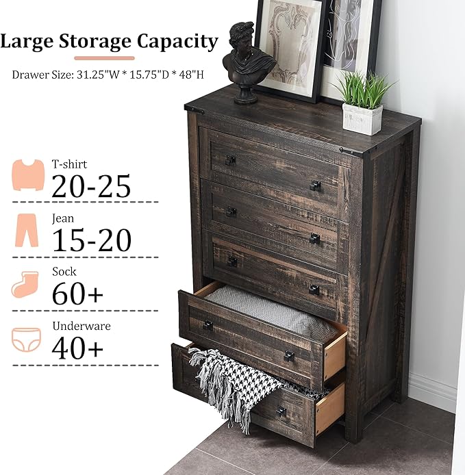 RedLemon Farmhouse 5 Drawer Dresser, 48" Tall Rustic Chest of Drawers, Wood Dresser for Bedroom, Living Room, Hallway, Dark Rustic Oak