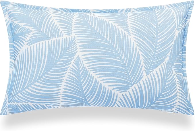 Hofdeco Premium Coastal Hampton Style Patio Indoor Outdoor Lumbar Pillow Cover Only, 12"x20" Water Resistant for Backyard, Couch, Baby Blue Palm Leaf