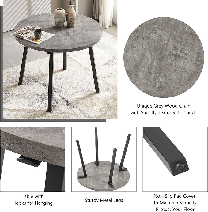 5-Pieces Kitchen Dining Table Set for 4, Grey Round Table MDF with 4 Metal Hooks for Hanging, Modern Dining Table Set with 4 Seated Grey Boucle Dining Chairs for Living Room, Apartment