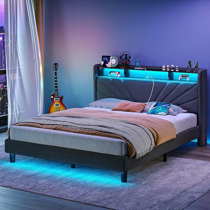 Rolanstar Queen Size Bed Frame, Storage Headboard with Charging Station and LED Lights, Upholstered Bed with Heavy Duty Wood Slats, No Box Spring Needed, Noise Free, Easy Assembly, Dark Grey