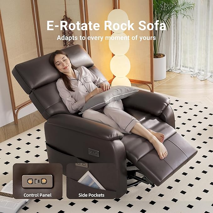 Claiks Power Swivel Rocker Recliner Chair, Oversized Recliner Chairs for Adults, PU Leather Overstuffed Reclining Chair with USB and Type-C Ports for Living Room, Dark Brown