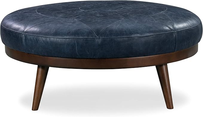 POLY & BARK Gio Modern Leather Ottoman Pouf (Midnight Blue)