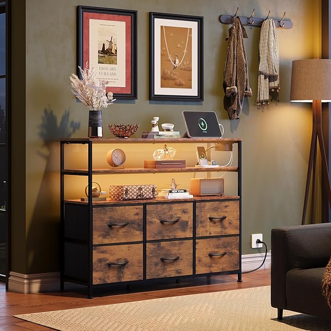 WLIVE TV Stand for 40, 45 inch TV, Entertainment Center with LED Lights & Charging Station, TV Media Console Table with 6 Fabric Drawers and Open Shelves for Living Room, Hallway, Rustic Brown