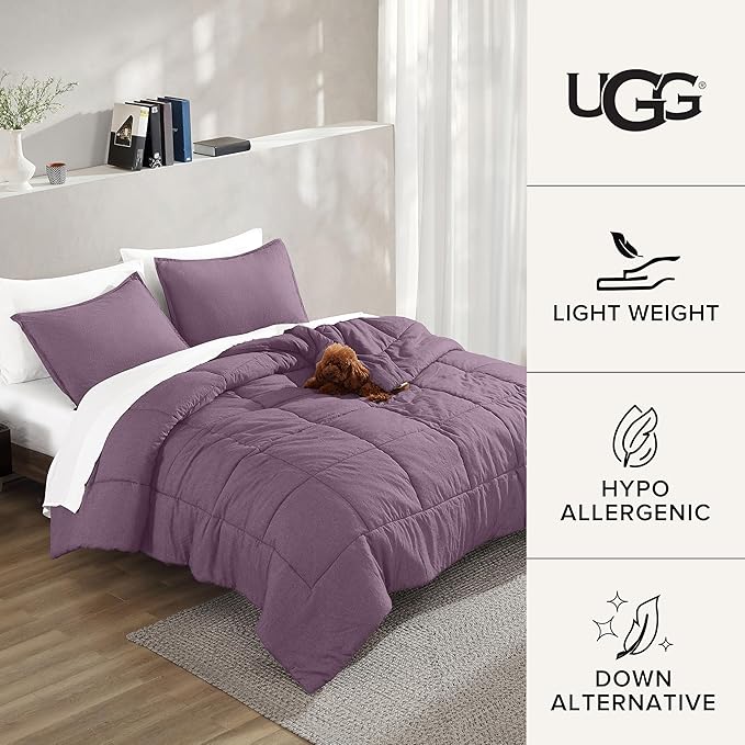 UGG Leonora Comforter Set with 2 Pillow Shams Lightweight Down Alternative Blanket Reversible Cozy Warm All Season Washable and Hypoallergenic Bedding Set, Full/Queen, Purple Shadow