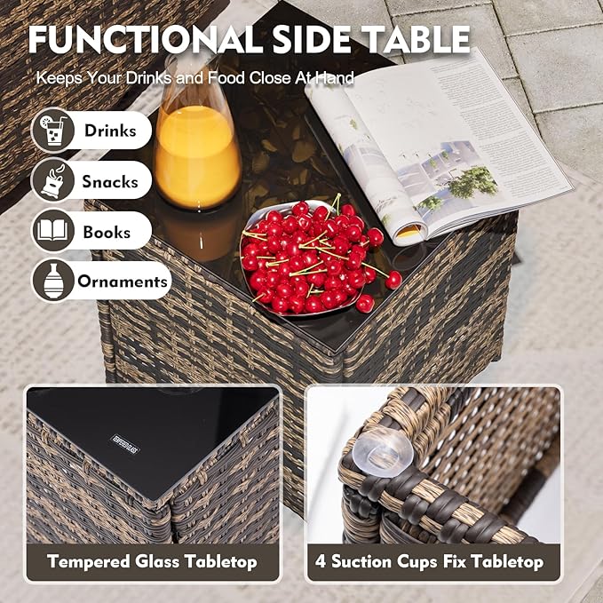 3 Pieces Patio Furniture Set with Swivel Chair, Outdoor Swivel Rocker with Washable Cushions & Tempered Glass Tabletop, Outdoor Rattan Conversation Set for Lawn Backyard Porch (Brown)